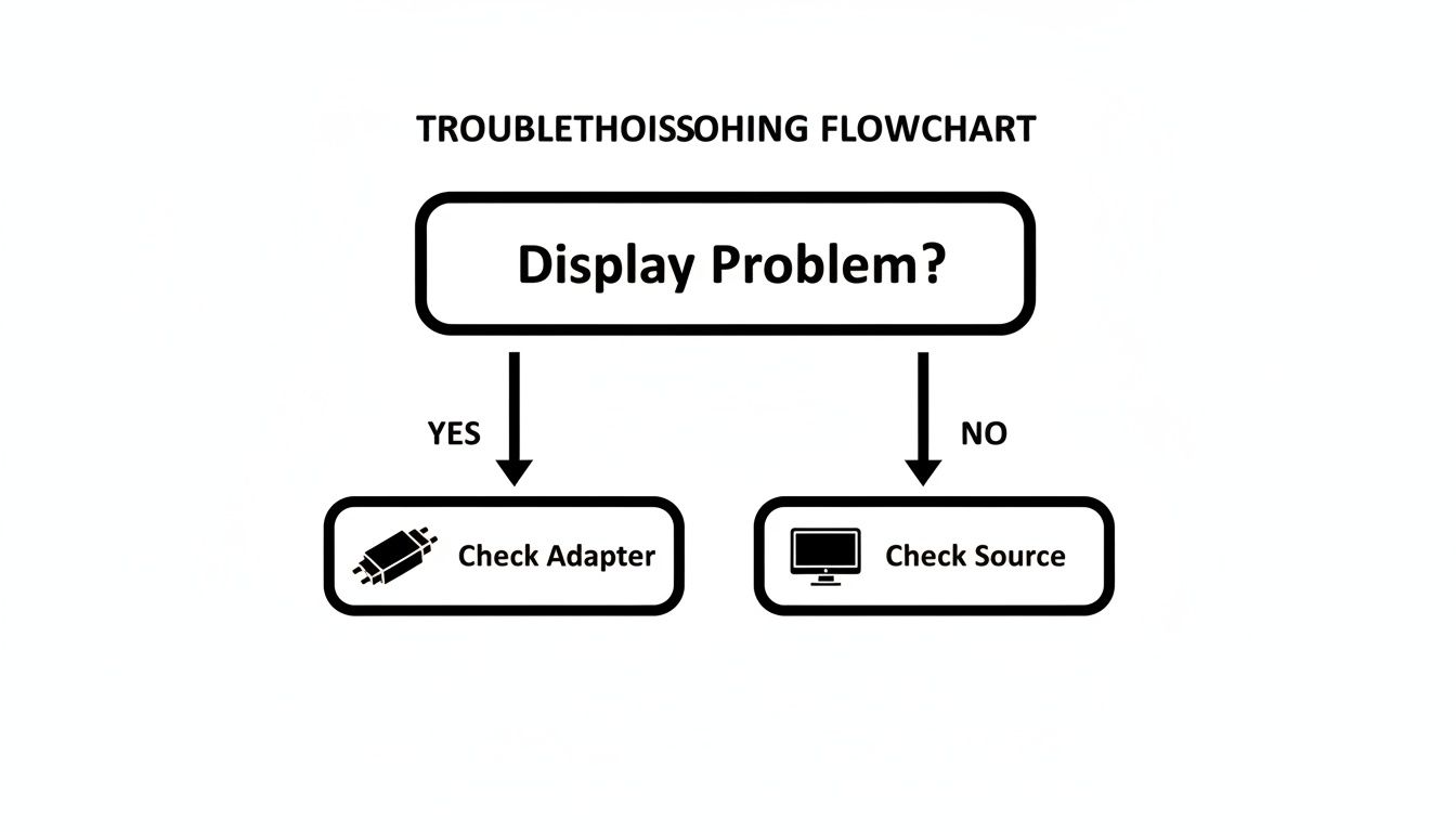 A simple troubleshooting flowchart for display problems, instructing to check adapter or source.