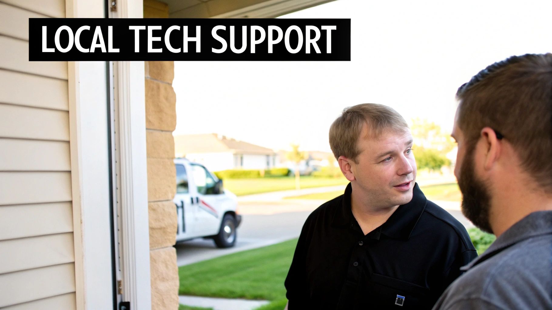A friendly local technician assisting a customer with their laptop in a home office setting.