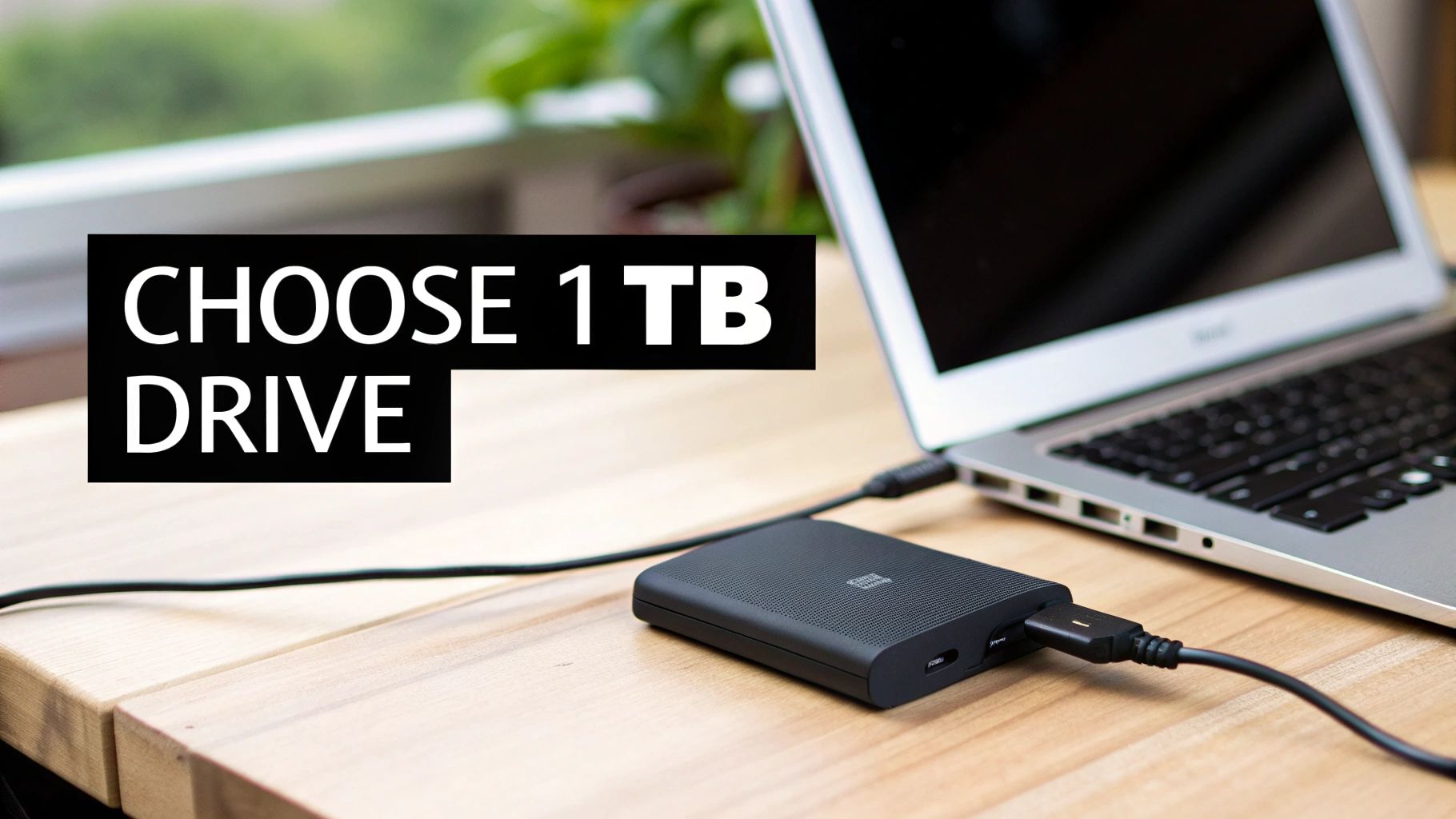 A black 1TB external hard drive connected to a silver laptop on a wooden desk, showing 'CHOOSE 1 TB DRIVE'.