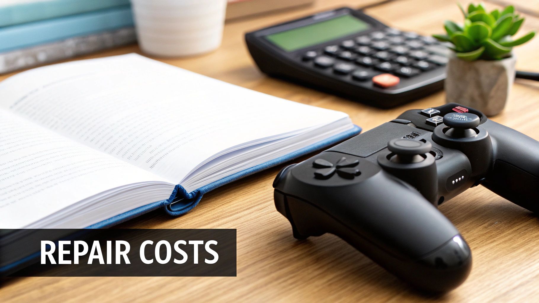 A person holding a PlayStation controller next to a laptop with a price chart.