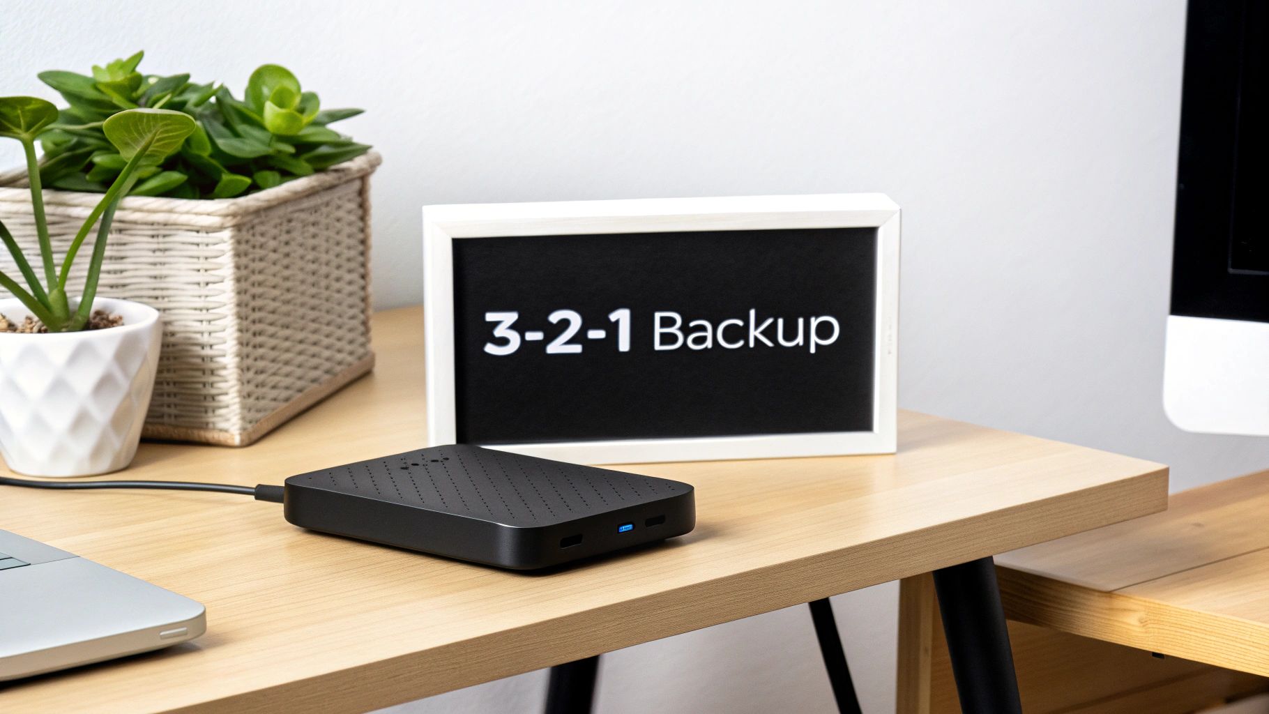 A black external hard drive on a wooden desk next to a sign displaying '3-2-1 Backup'.