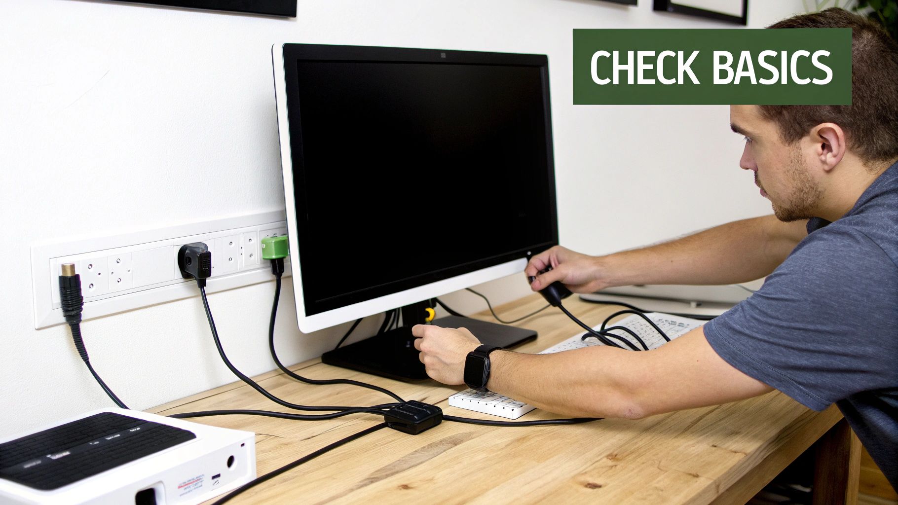 A graphic showing a person working on a laptop with code and settings icons overlayed