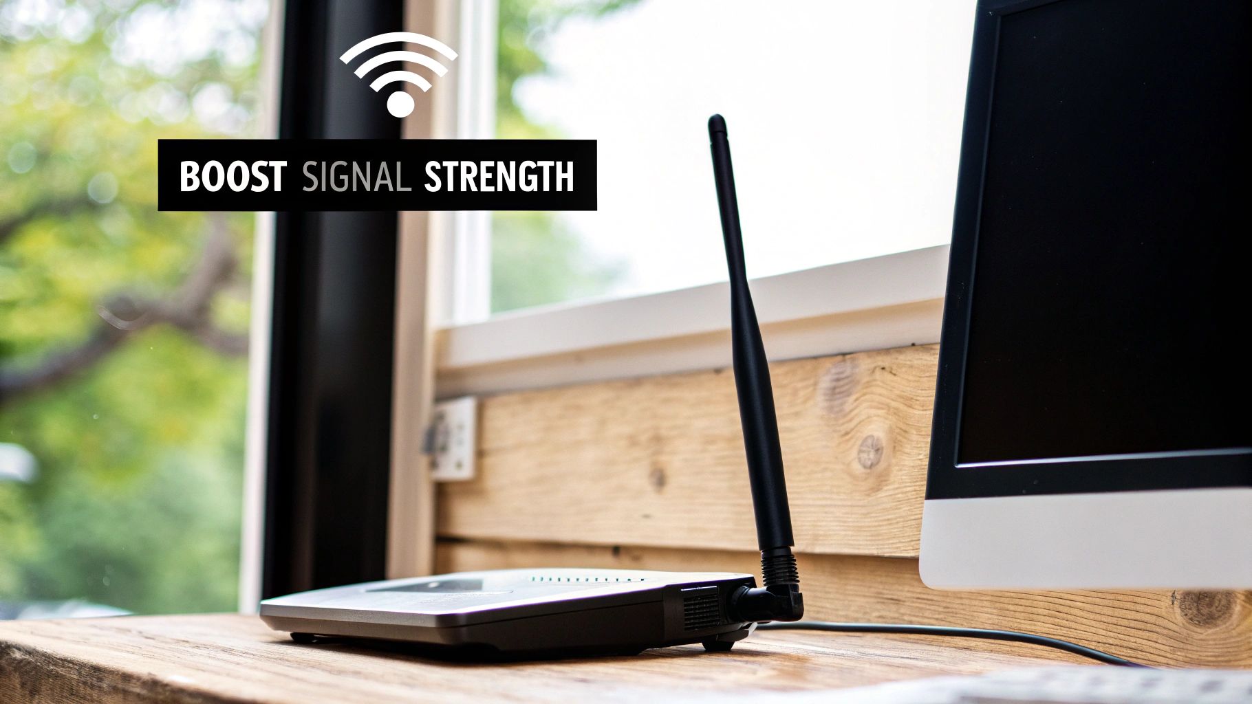 A black Wi-Fi router with an antenna on a wooden desk, displaying a 'Boost Signal Strength' graphic.