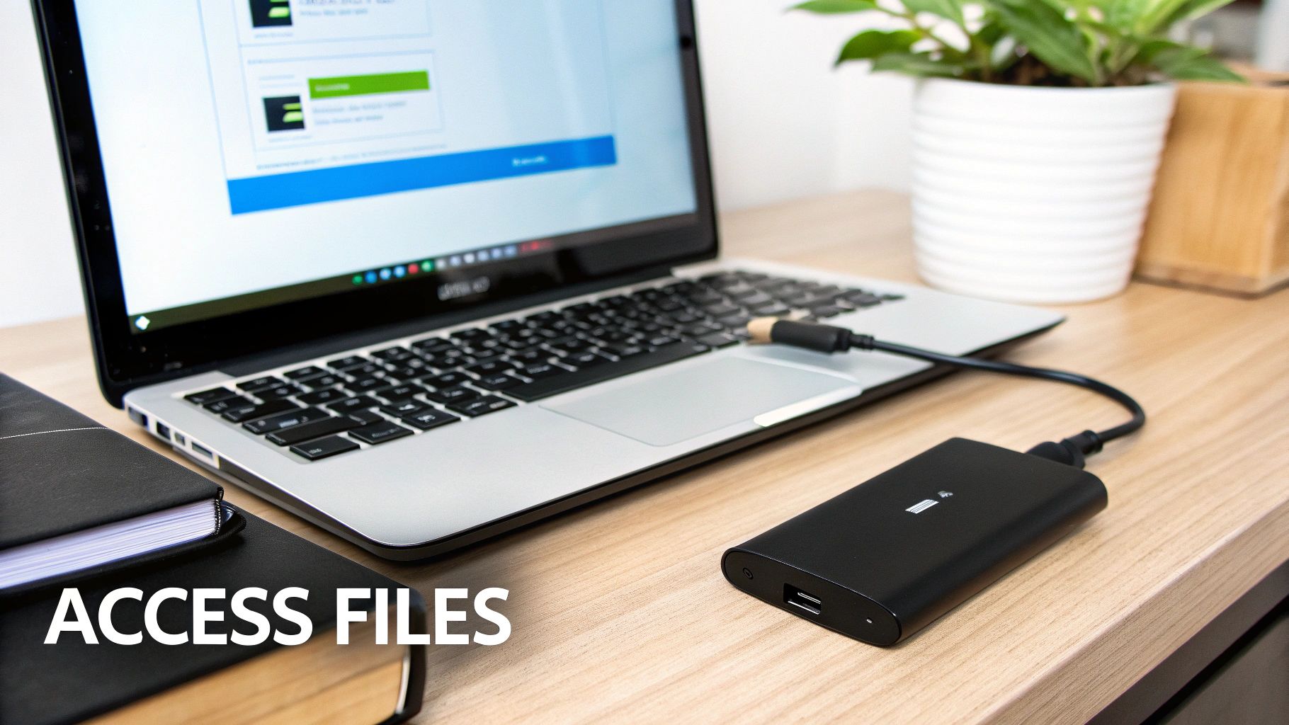 A laptop connected to a black external hard drive on a wooden desk with books and a plant.