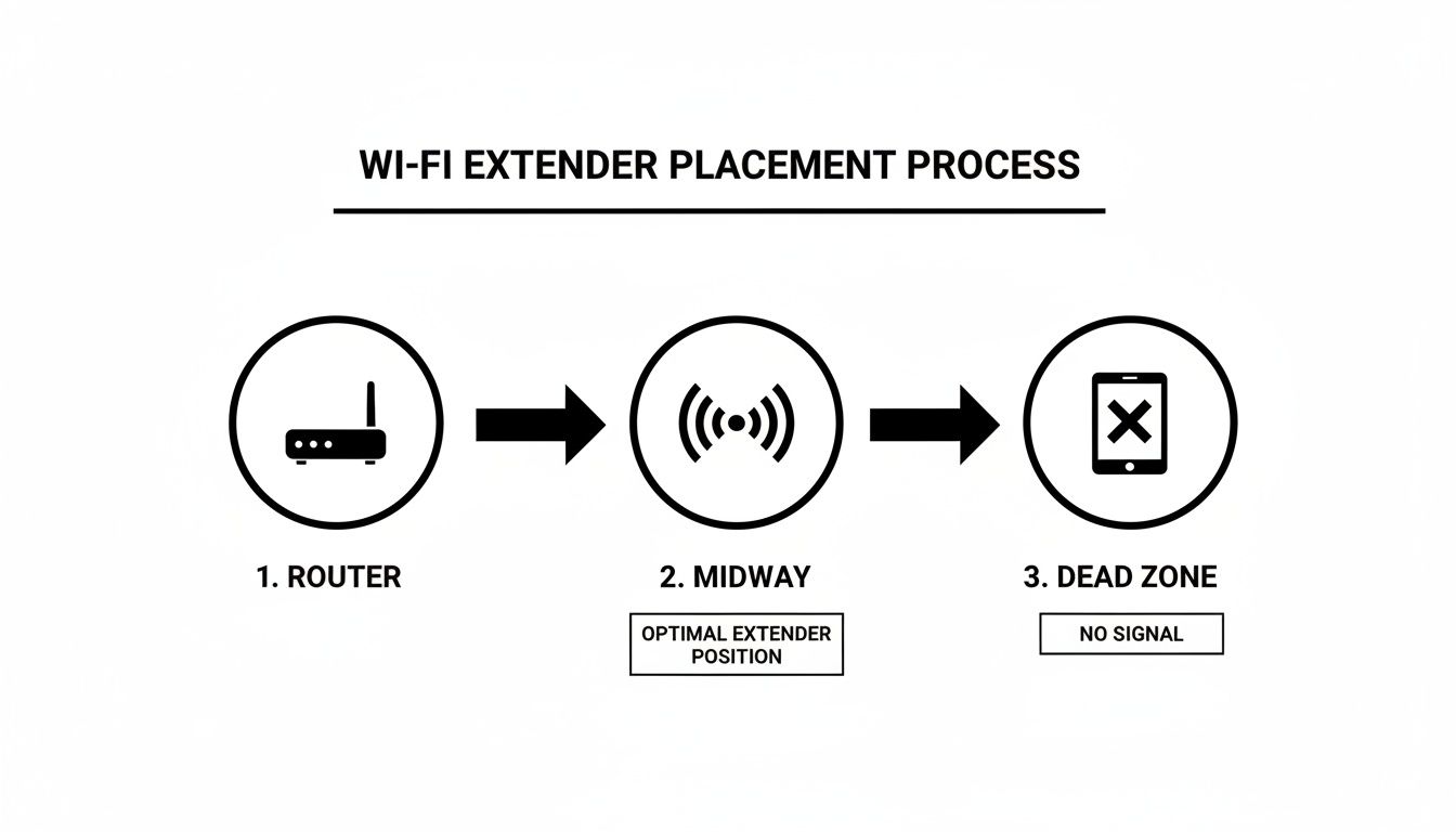 Diagram showing optimal Wi-Fi extender placement between a router and a dead zone for better signal.