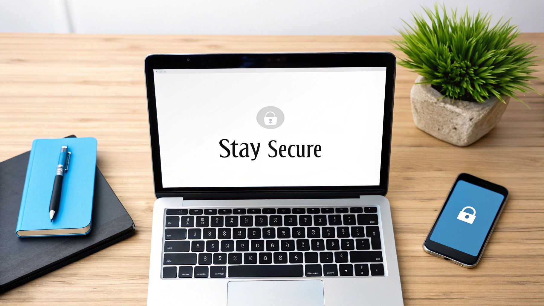 A laptop and smartphone on a wooden desk, both displaying padlock icons and 'Stay Secure' text.