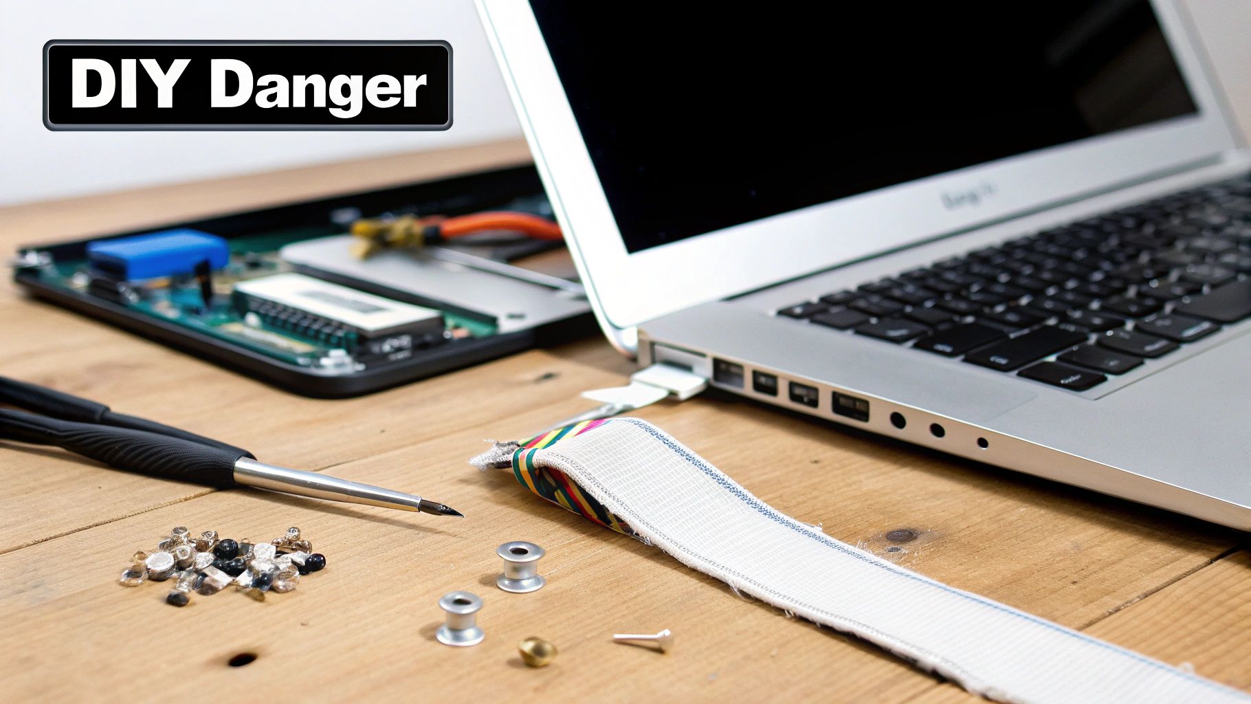 Close-up of a disassembled MacBook Air with various tools and small parts on a wooden table, warning about DIY Danger.