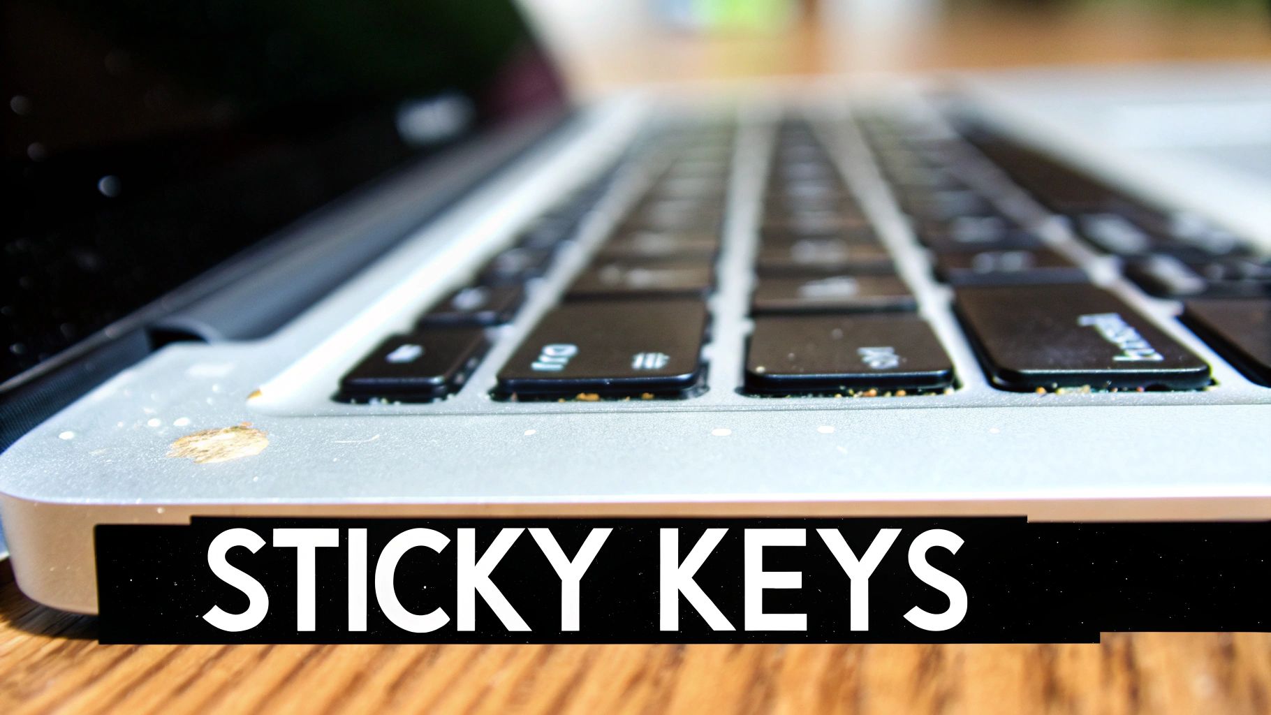 A close-up of a dirty laptop keyboard with sticky brown residue on the silver palm rest.