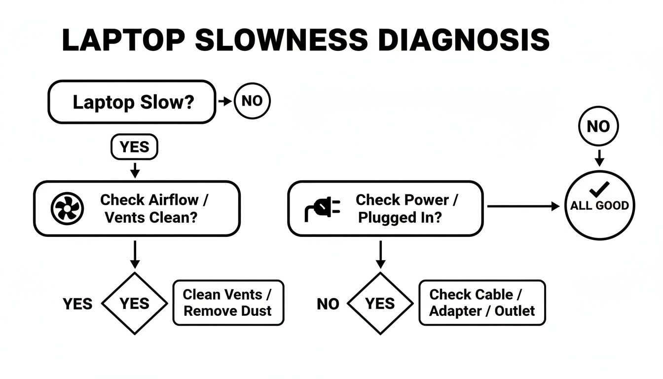 A flowchart diagram for laptop slowness diagnosis, illustrating steps like checking airflow, vents, and power.