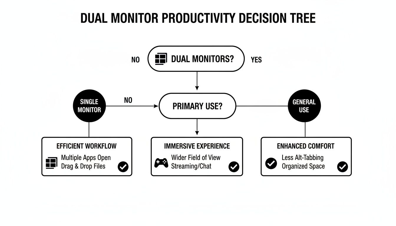 Flowchart showing a dual monitor productivity decision tree with options for efficient workflow, immersive experience, and enhanced comfort.