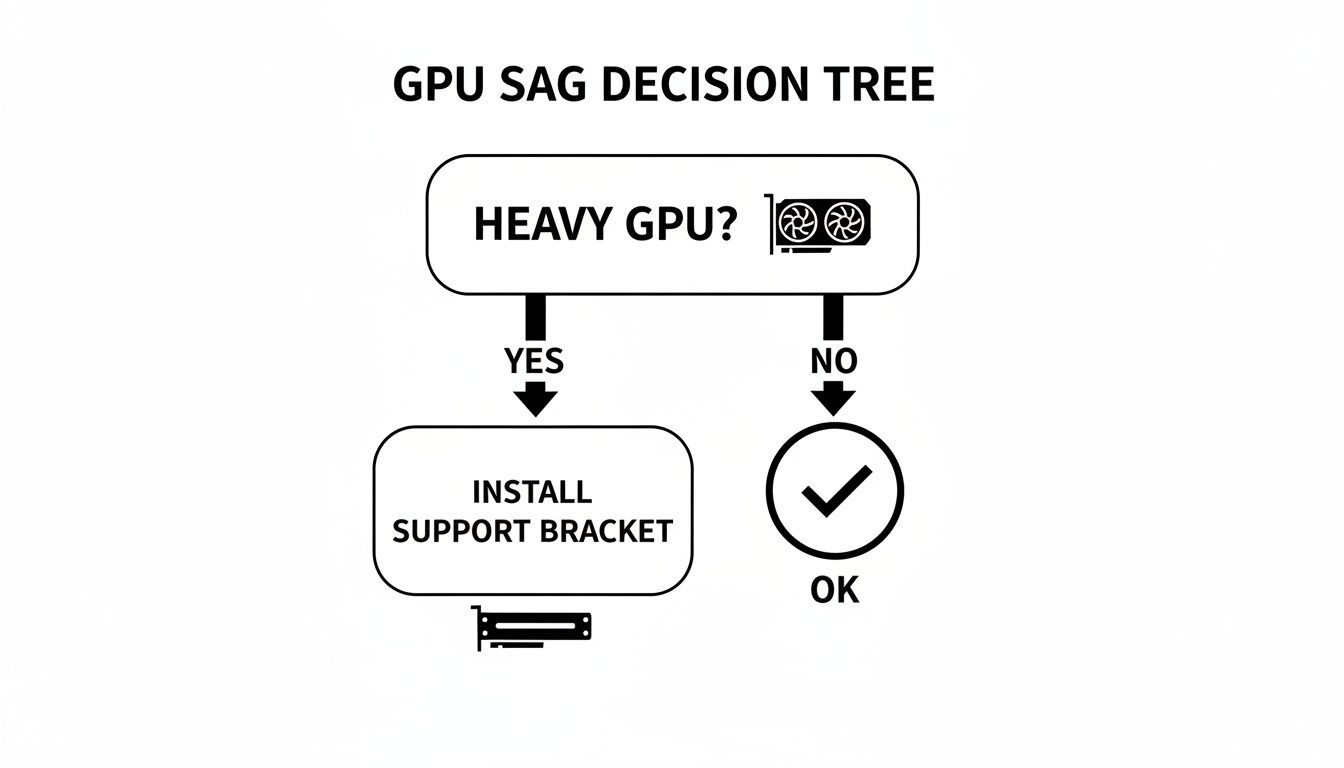 A decision tree flowchart for GPU sag, asking if the GPU is heavy and suggesting a support bracket if it is.