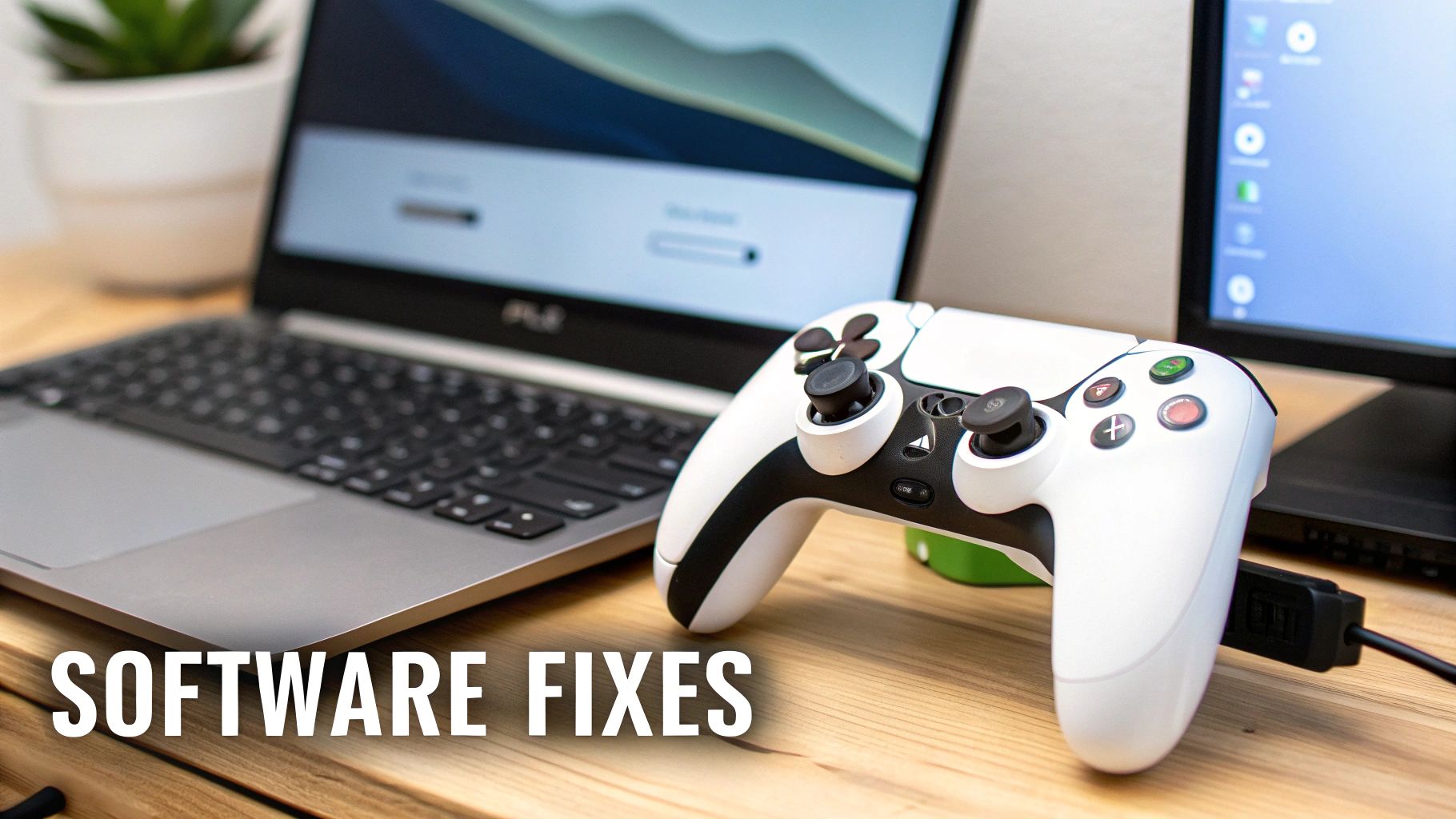 A white gaming controller connected to a laptop on a wooden desk, illustrating software fixes.