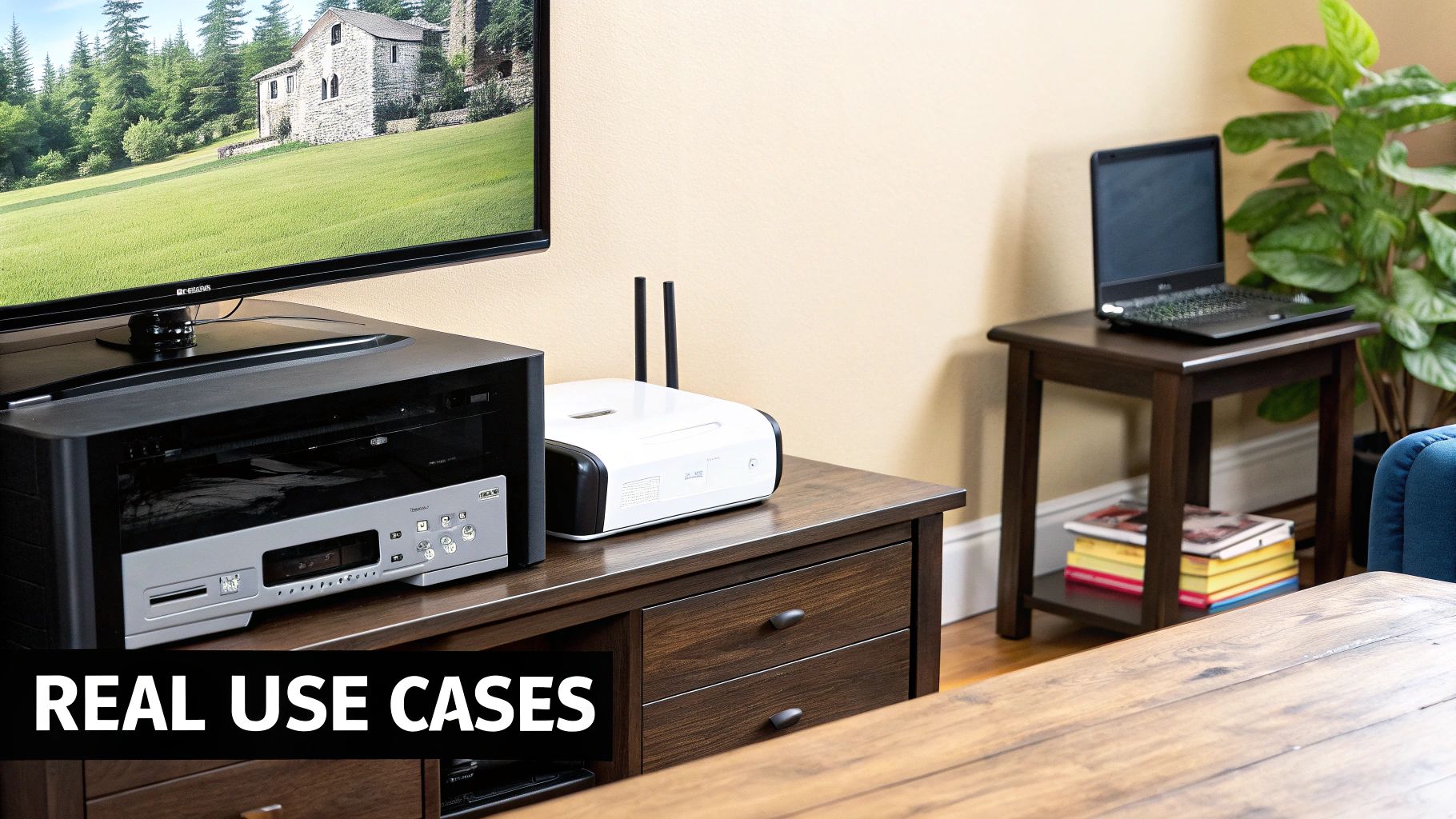 A home media setup with a TV, media console, a white networking device, and a laptop.