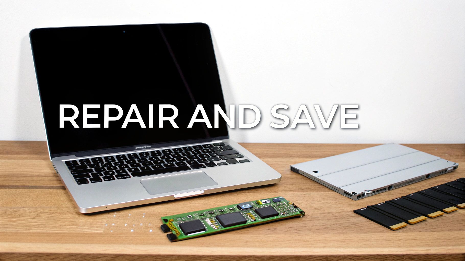 A disassembled MacBook Pro with internal components on a wooden desk, promoting repair and saving.