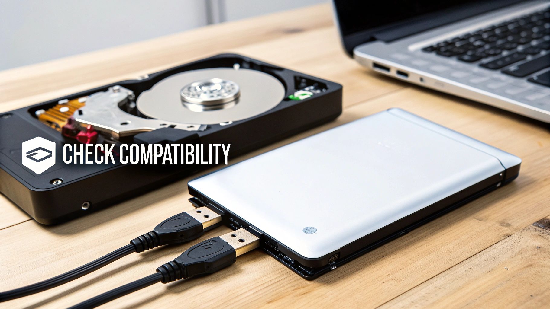 A hard disk drive, an external HDD enclosure with USB cables, and a laptop on a wooden desk.