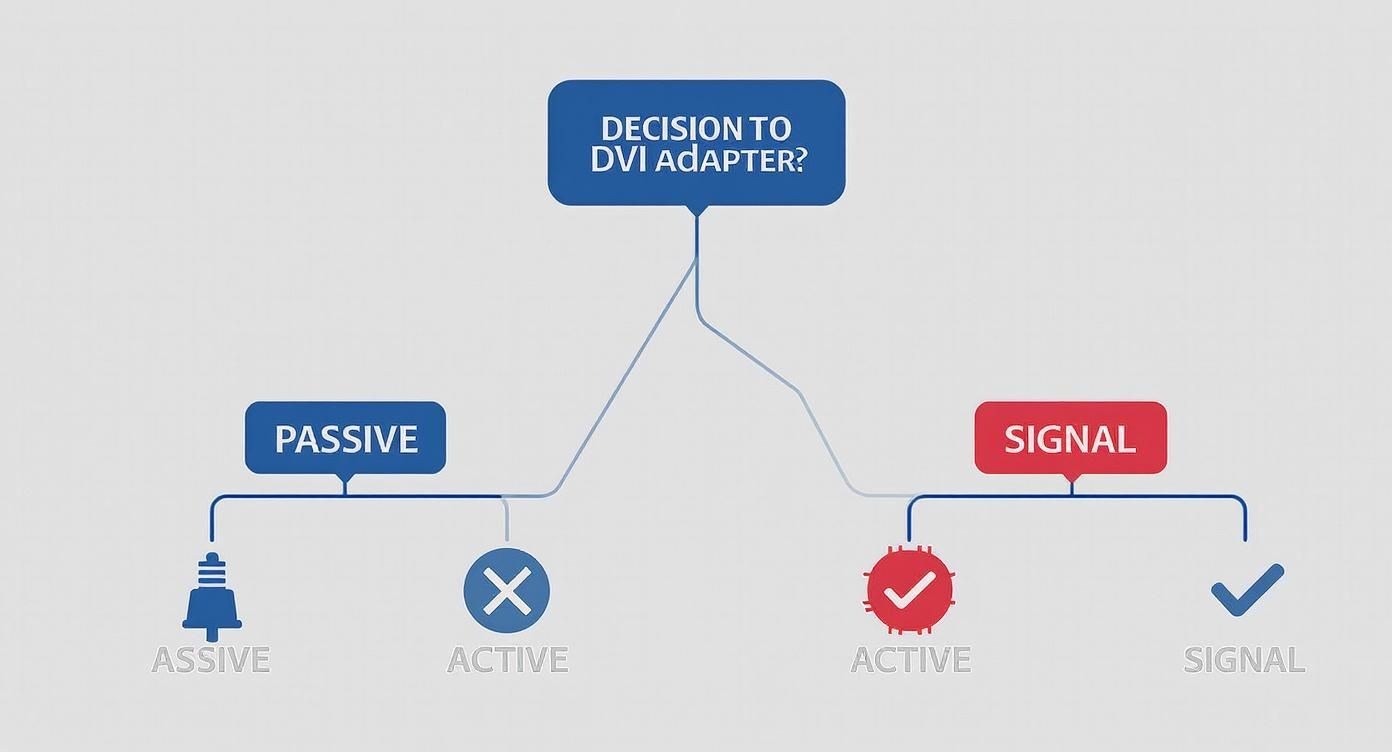 Flowchart illustrating the decision process for DVI adapters, differentiating between passive and active signal types.