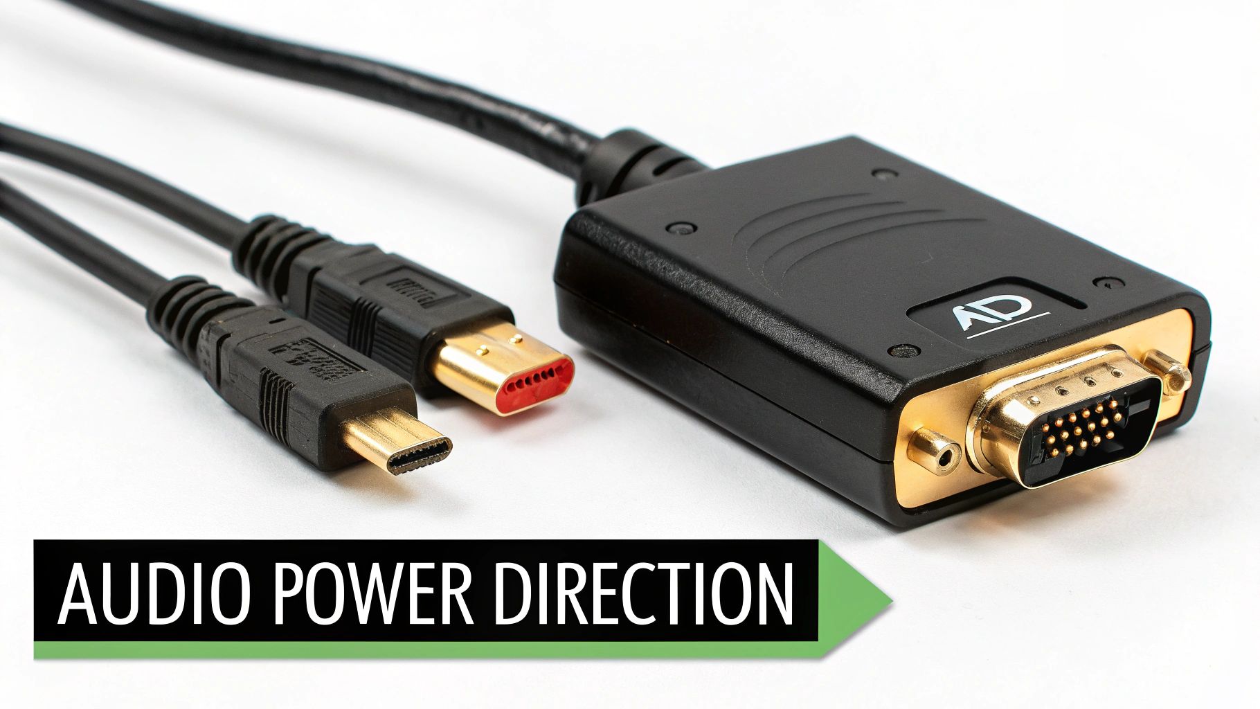 A black VGA to HDMI adapter with two connected cables on a white background, featuring the AD logo.