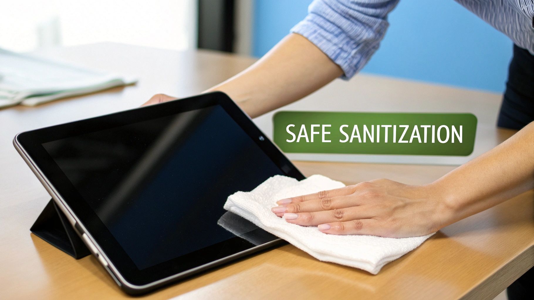 Hands carefully wiping down a tablet screen with a white cloth for safe sanitization.