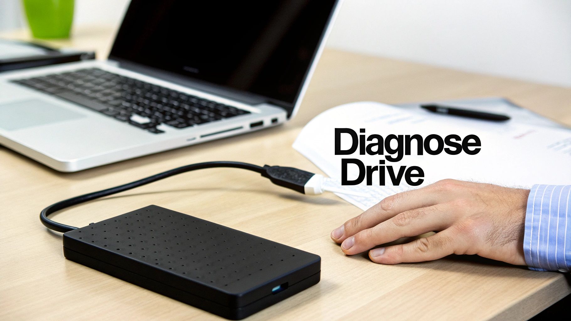 Black external hard drive connected to laptop on wooden desk for data recovery diagnostics