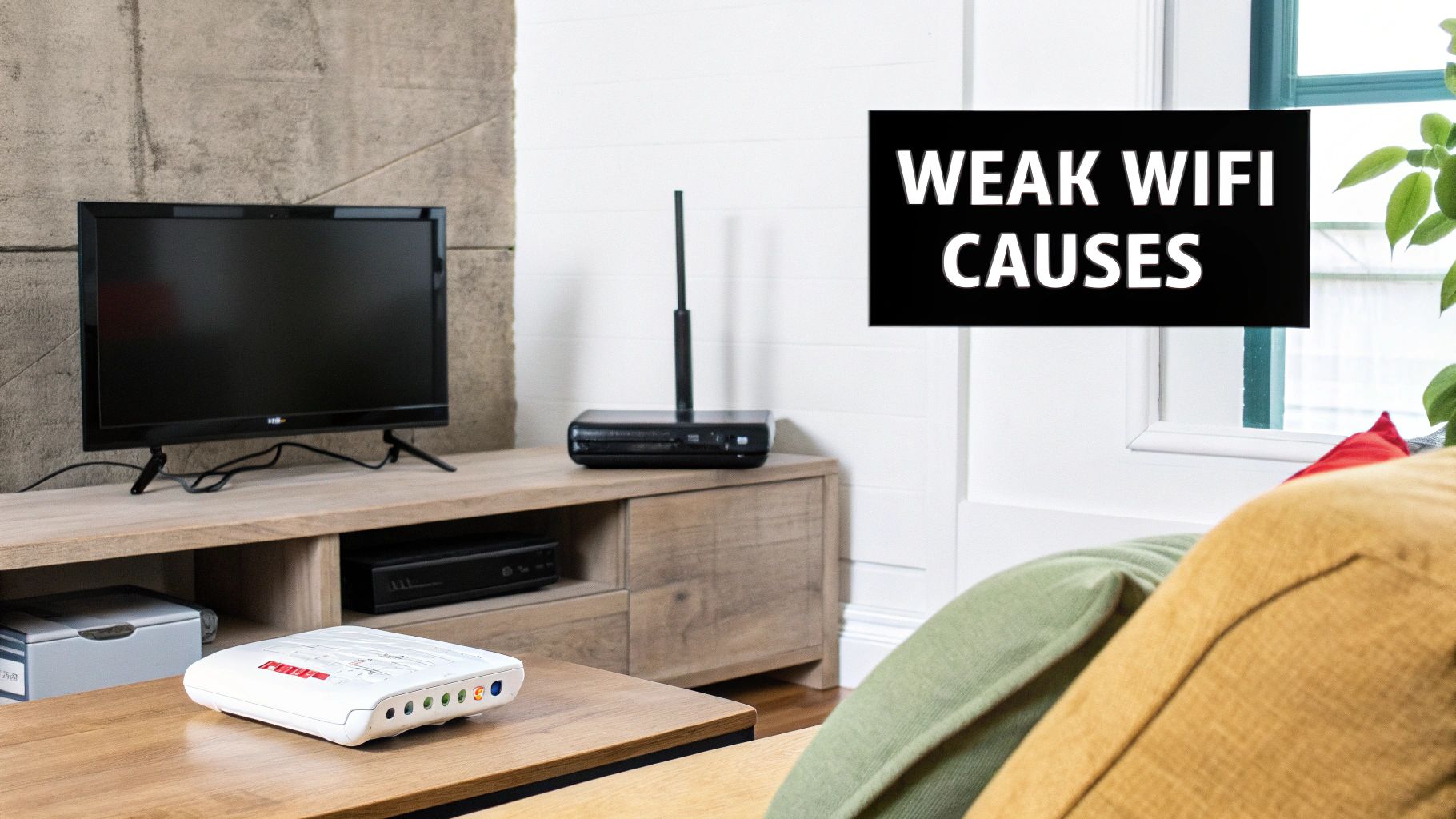 Living room showing wireless routers near TV with weak wifi causes text overlay