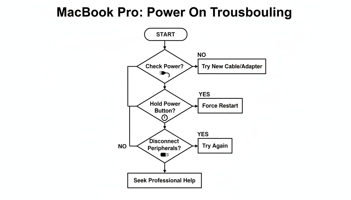 A flowchart illustrates MacBook Pro power-on troubleshooting steps: check power, hold power button, and disconnect peripherals.