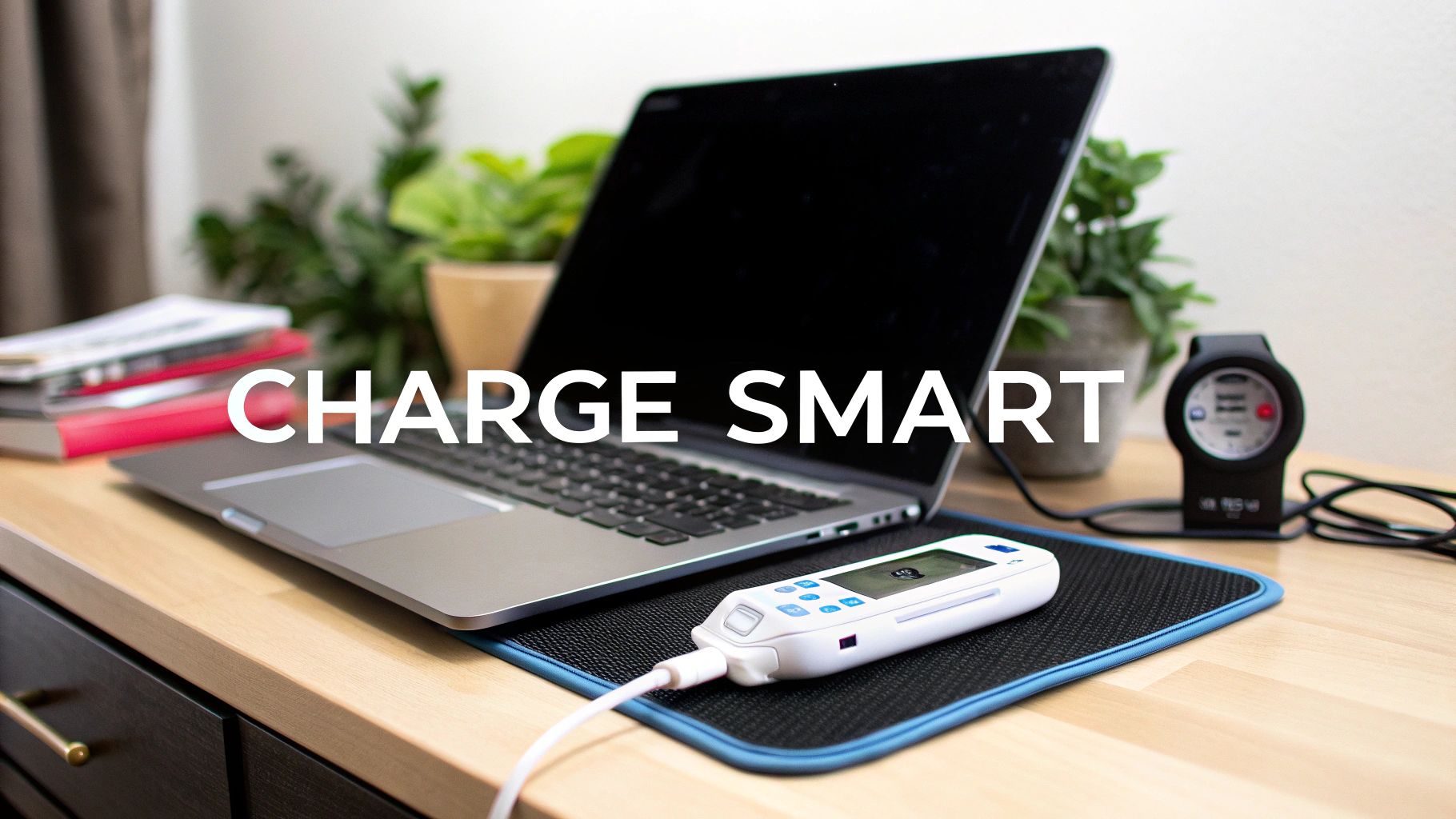 A close-up shot of a person plugging a charging cable into their laptop, with a focus on the connection port.