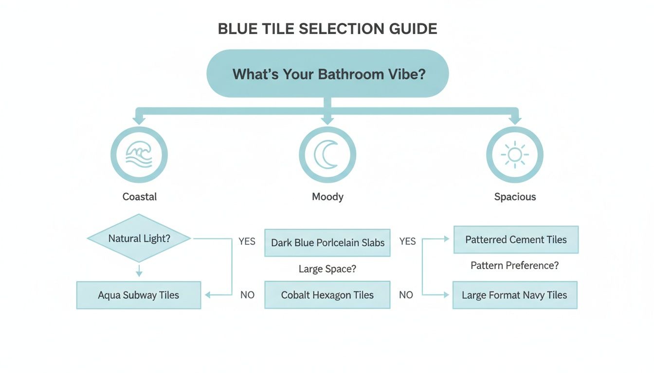 Flowchart guiding blue tile selection based on bathroom vibe, natural light, space, and pattern preference.