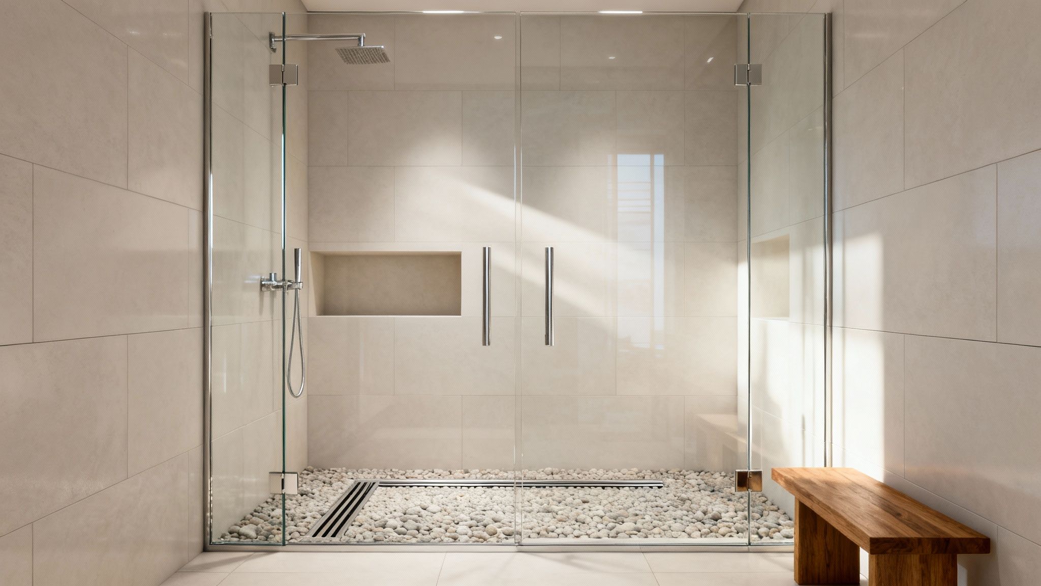 Modern walk-in shower with glass enclosure, pebble floor, beige tiles, and a wooden bench.