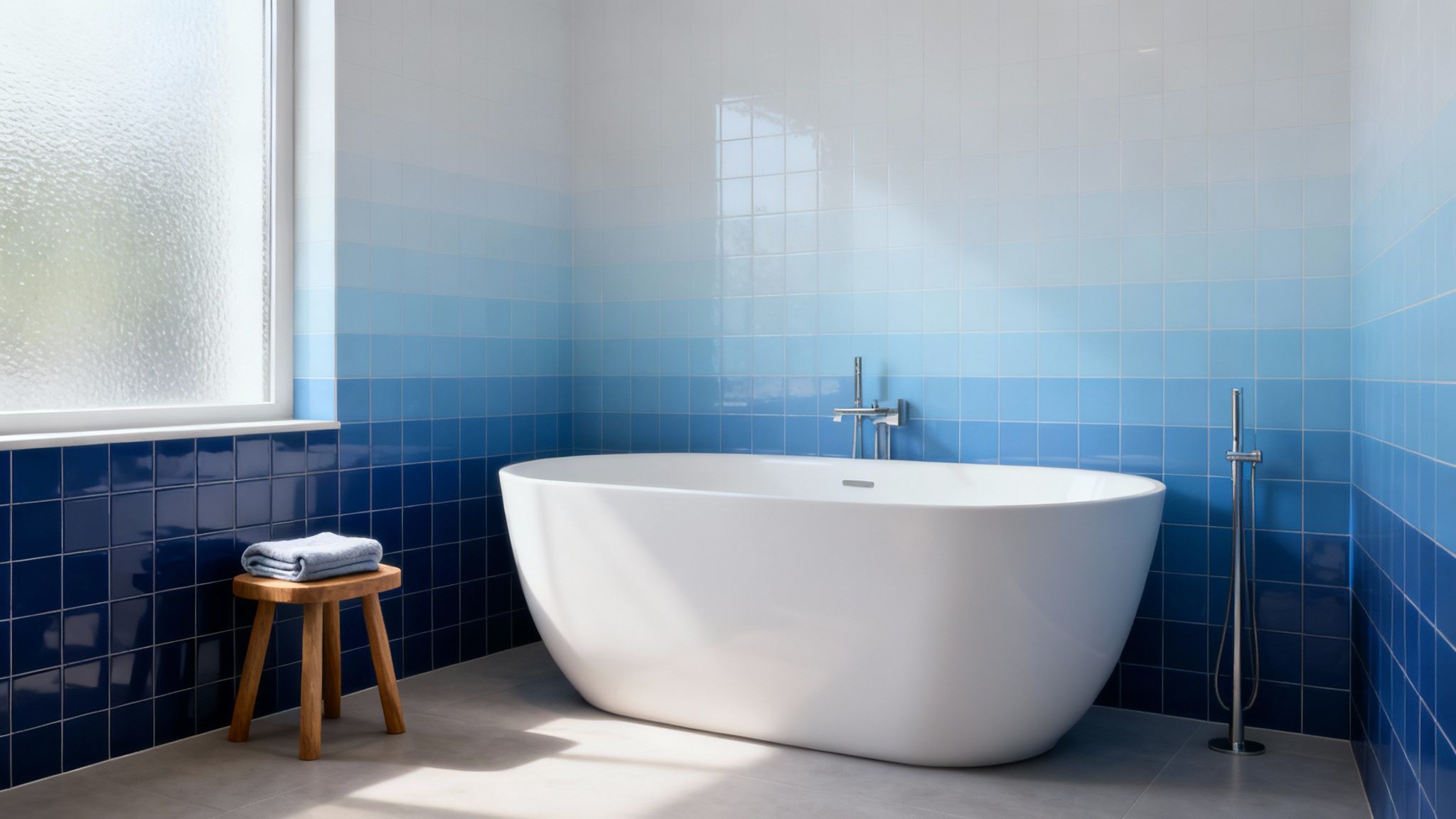 Contemporary bathroom featuring a white freestanding bathtub, blue ombre tiled walls, and a window.