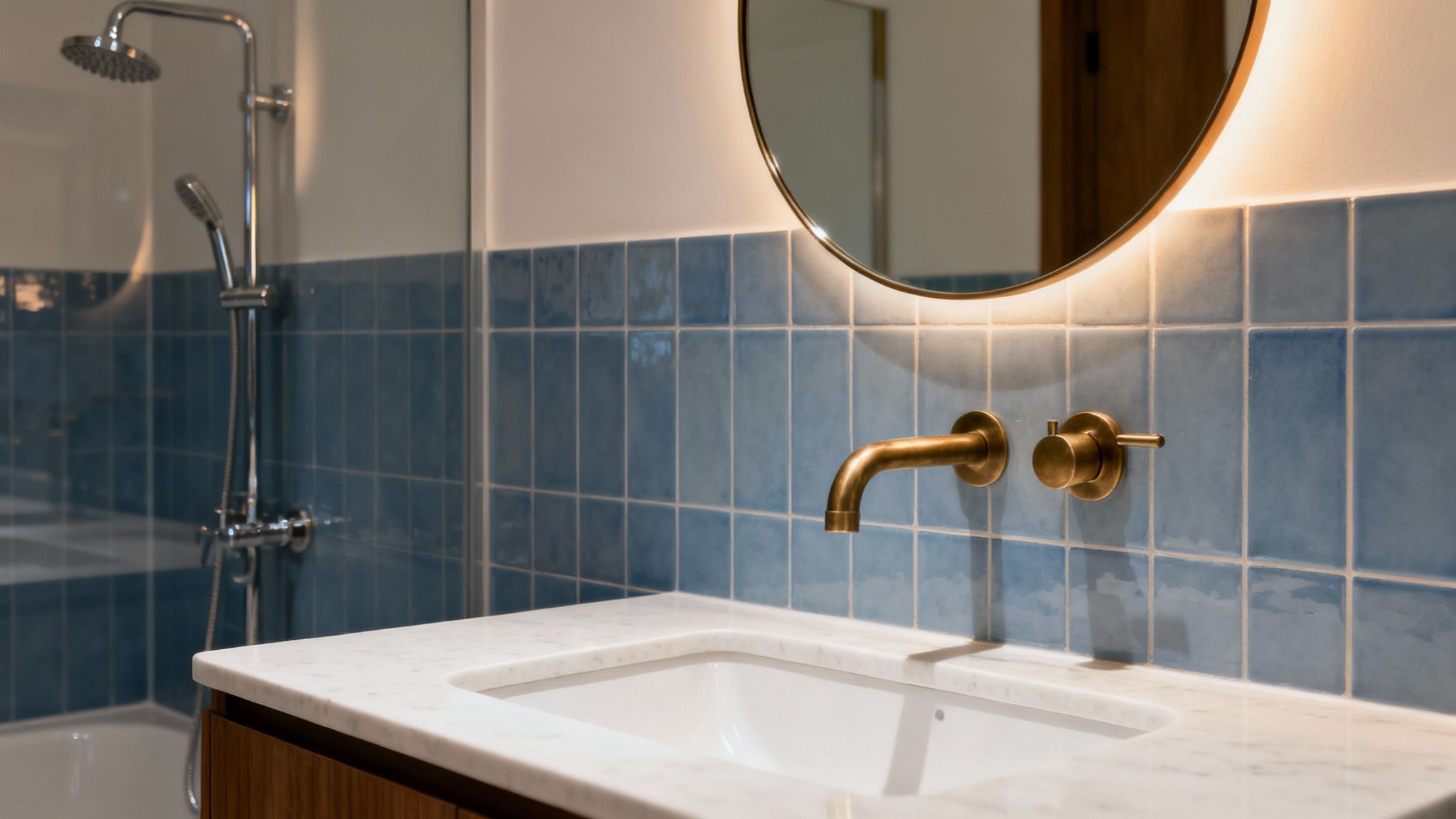 Modern bathroom vanity with white marble, brass faucet, blue tiles, and illuminated mirror.