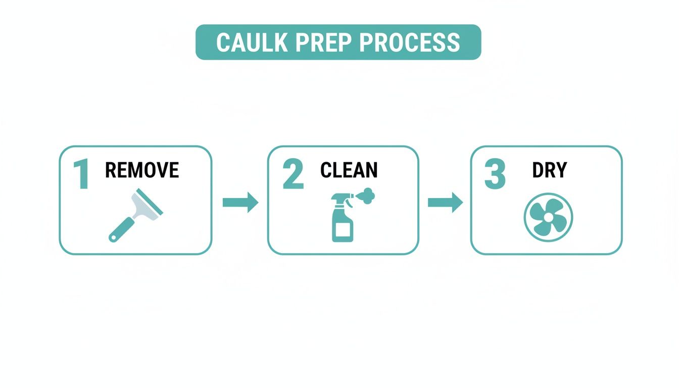 Diagram showing three steps for caulk preparation: remove, clean, and dry the surface.