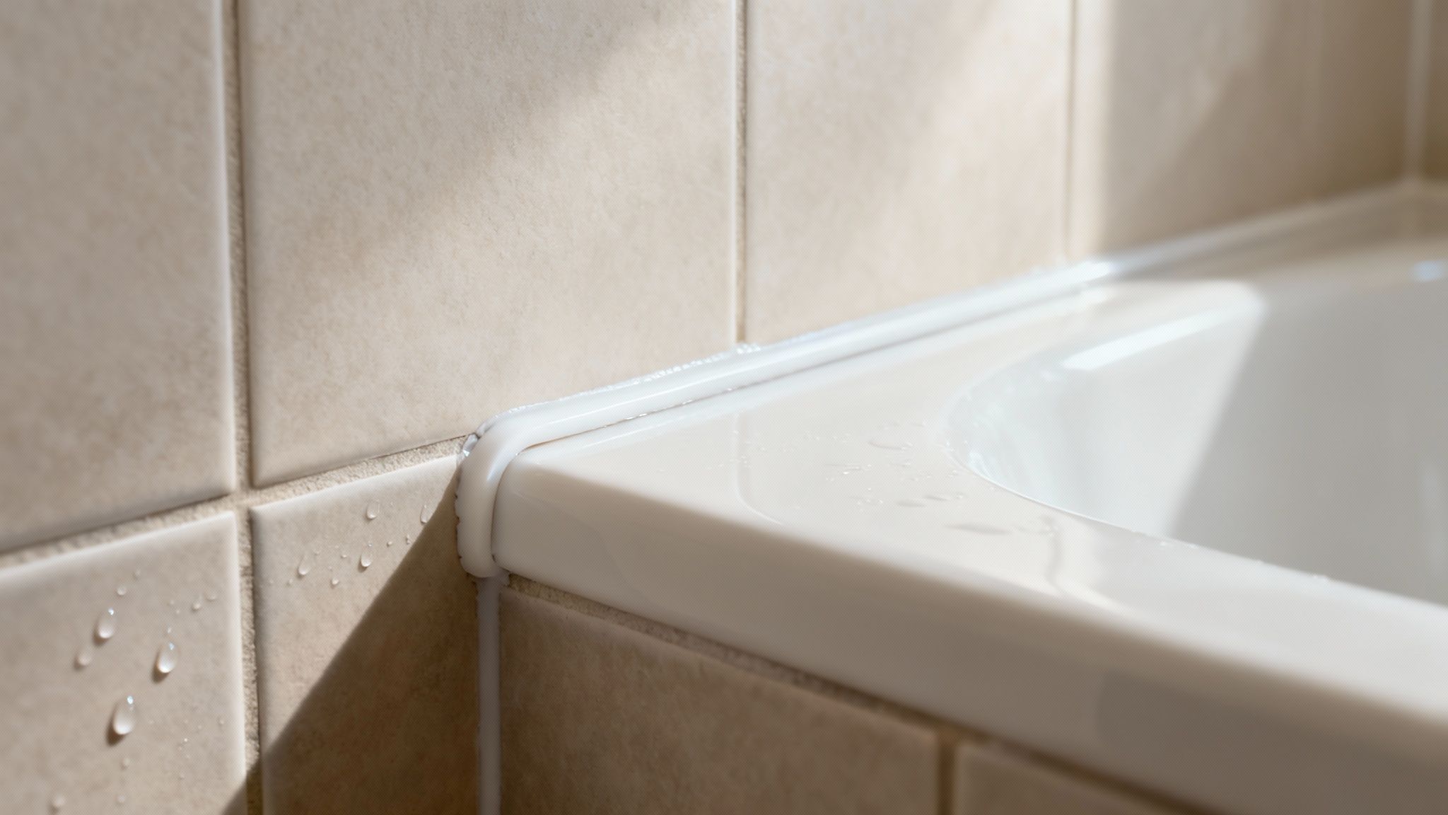 Close-up of white caulk sealing a bathtub edge against beige tiled wall, with water droplets.