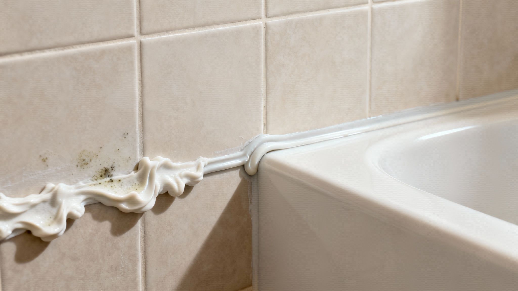 Close-up of a bathtub with messy, moldy caulk along the tiled wall.