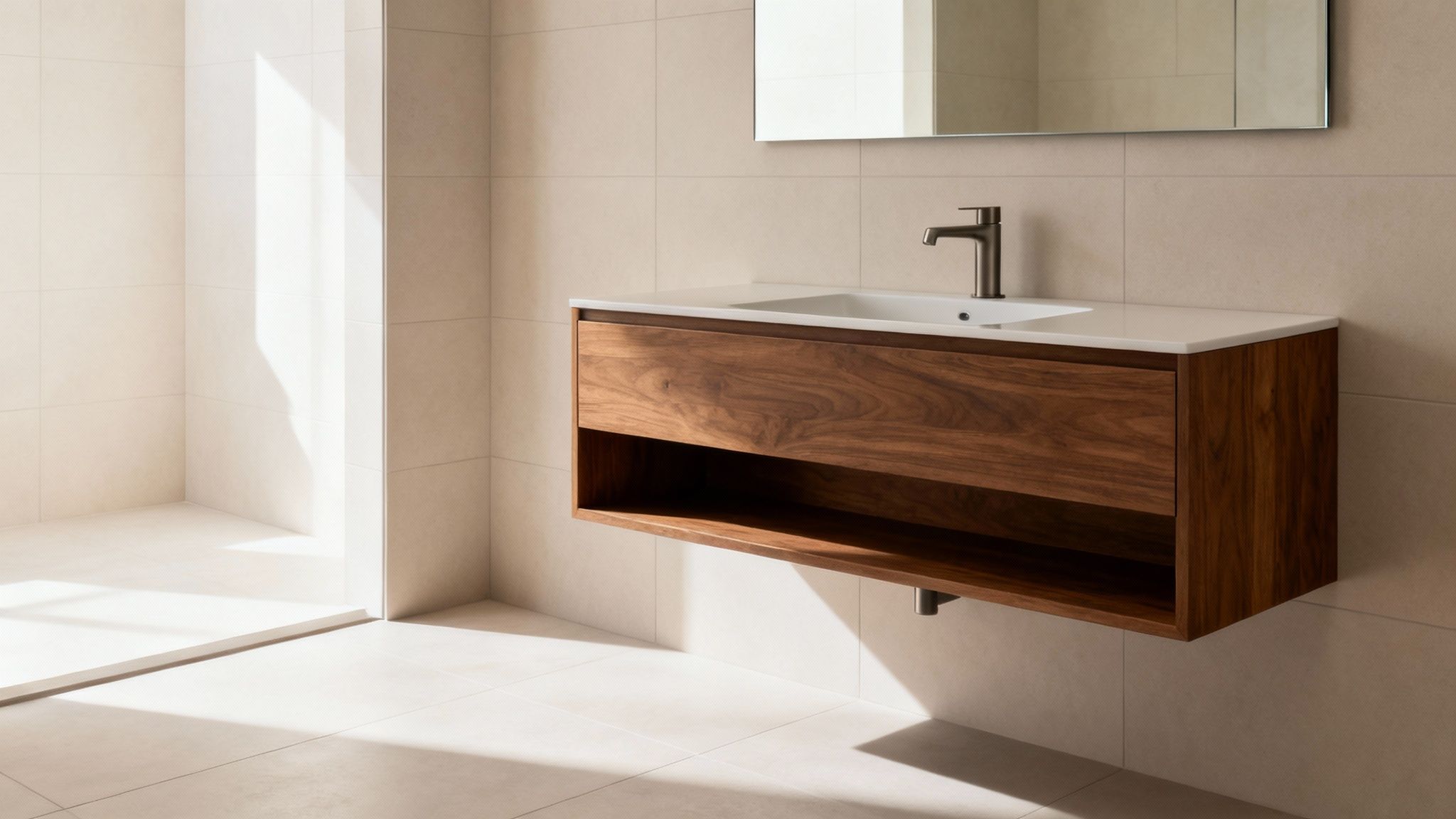 Modern bathroom with a minimalist floating wooden vanity, white sink, and sleek dark faucet.