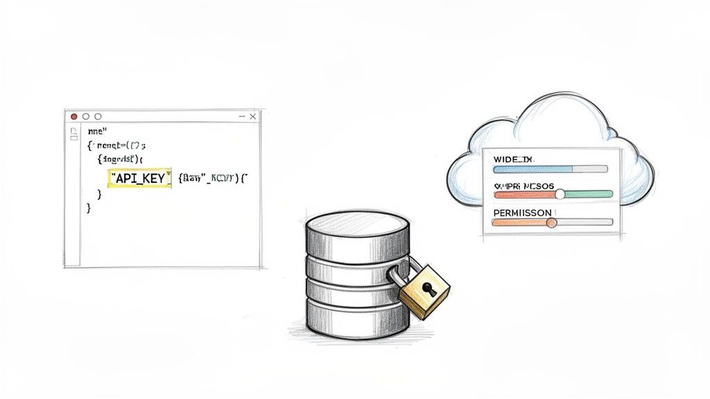 Illustration of secure coding practices with an API key, locked database, and cloud permissions.