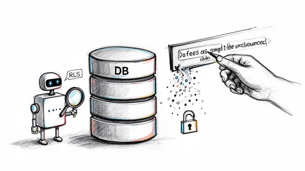 A robot with a magnifying glass inspects a database, with 'RLS' and a hand writing on a query interface near a padlock.