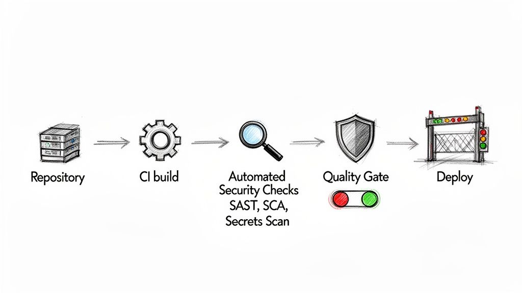 A diagram illustrating a secure software development pipeline from repository to deployment with security checks.