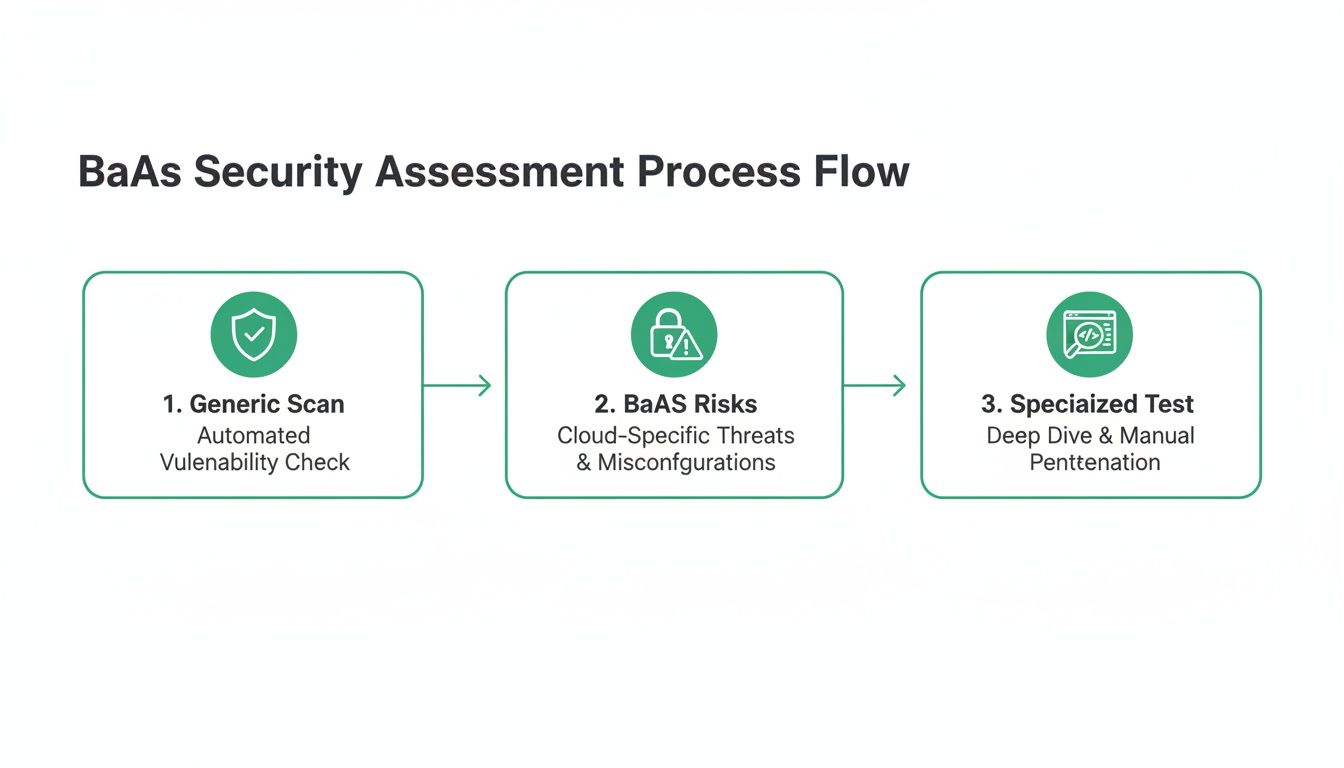 Flowchart detailing the BaaS Security Assessment Process with steps: Generic Scan, BaaS Risks, and Specialized Test.