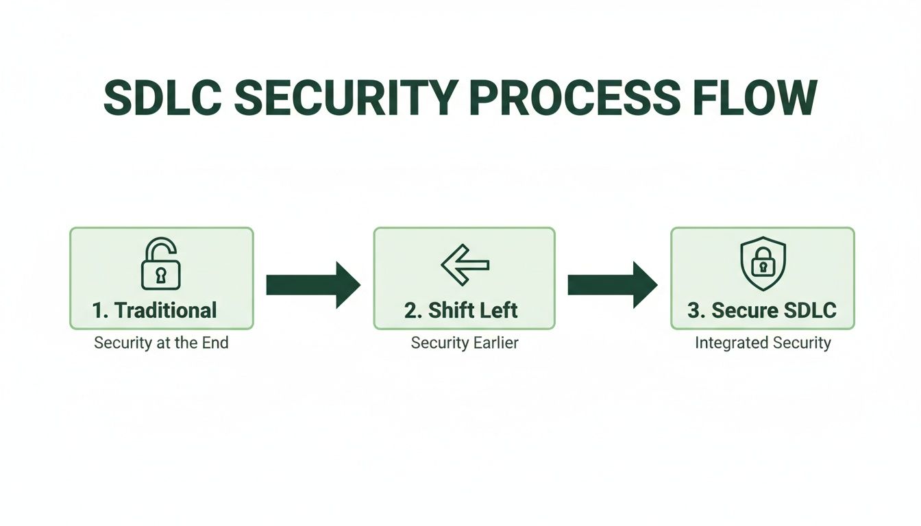 A diagram illustrates the evolution of SDLC security, moving from traditional security to an integrated approach.