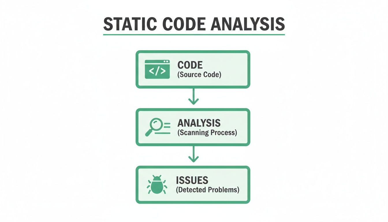 Flowchart illustrating the static code analysis process: code input, scanning for analysis, and identification of issues.