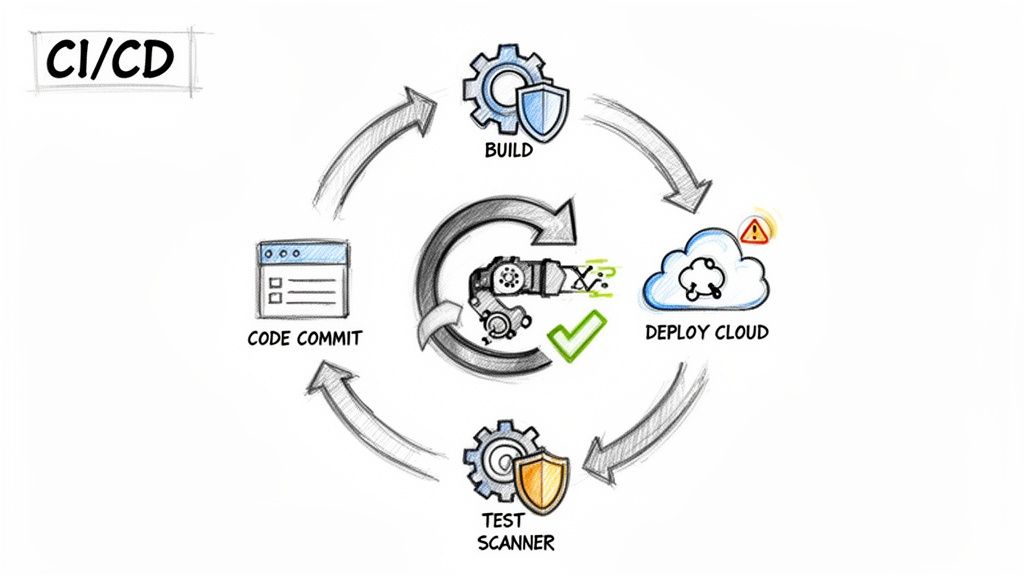 CI/CD pipeline diagram illustrating code commit, secure build, cloud deployment, and security testing.