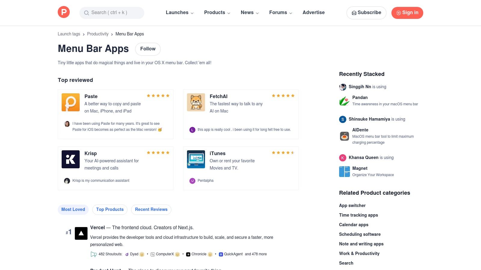 Product Hunt – Menu Bar Apps