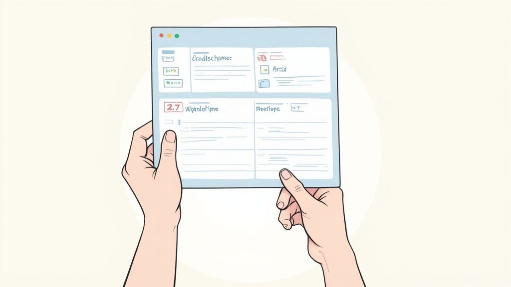 Hands holding tablet displaying project management dashboard with task cards and version numbers
