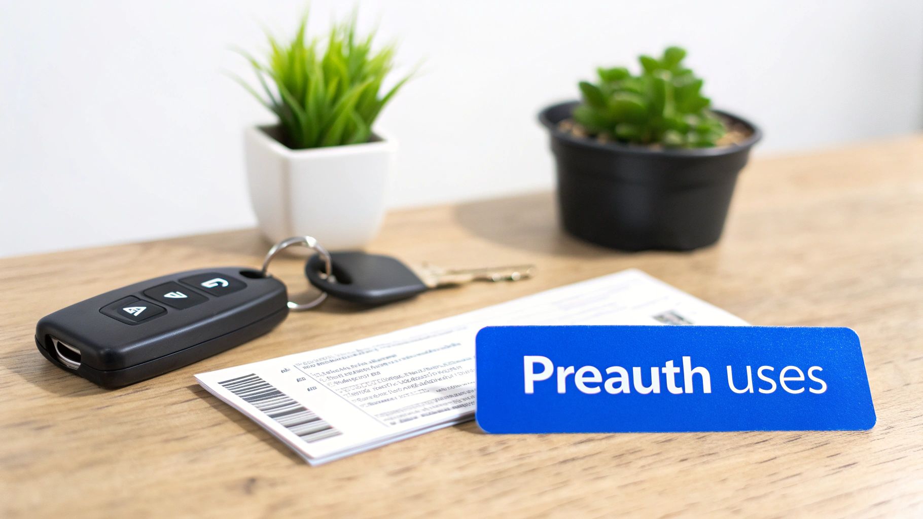 A blue sign reading 'Preauth uses' next to car keys and documents on a wooden desk.