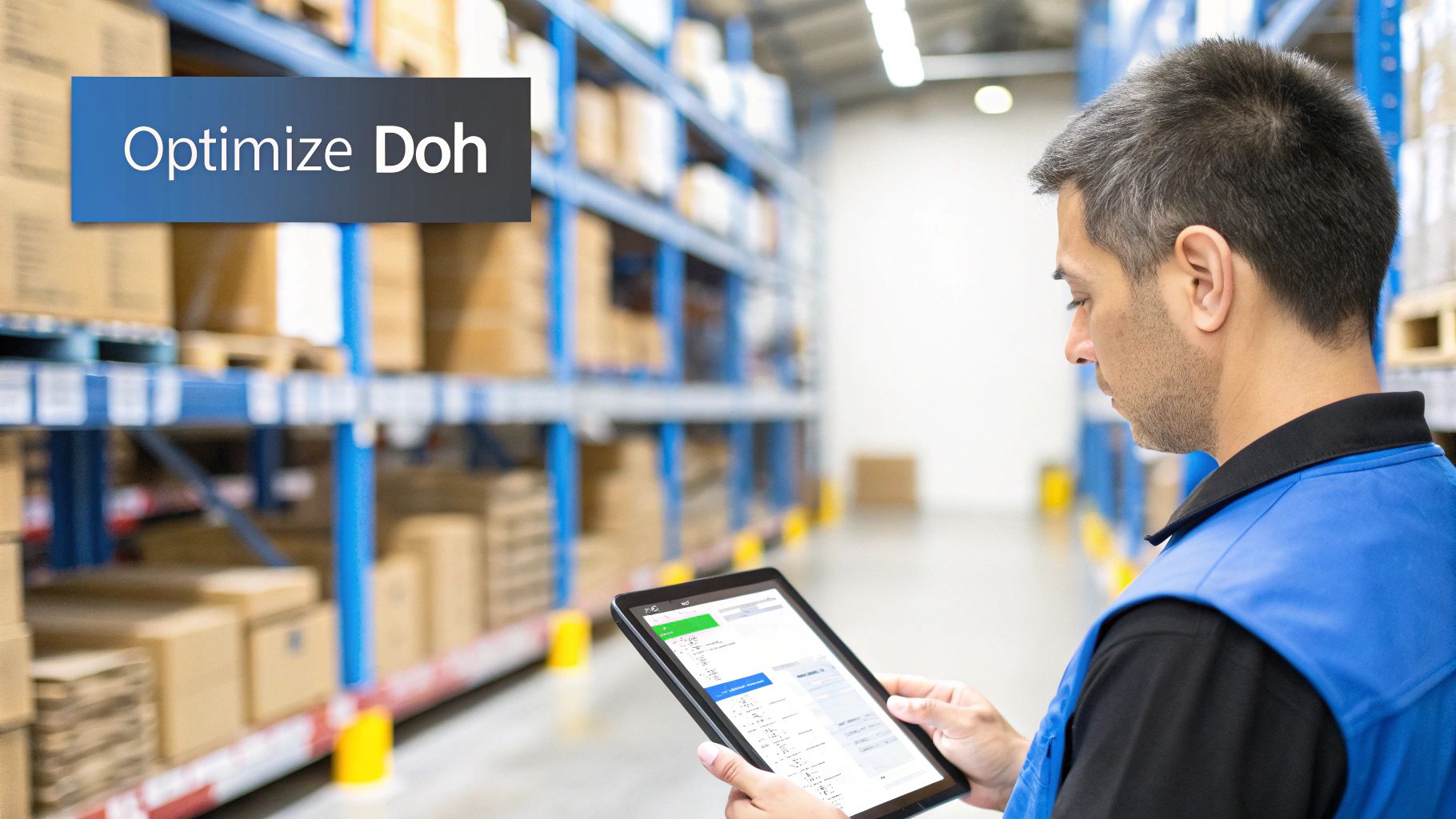 Warehouse worker using tablet to optimize inventory management in modern distribution center