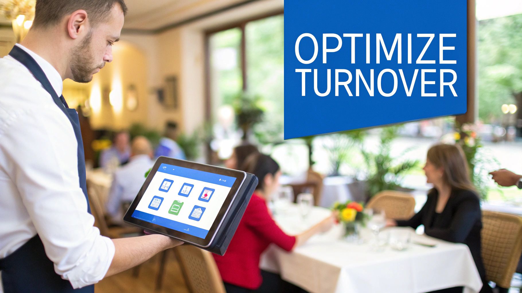 A server using a handheld POS system to take an order at a table in a bright, modern restaurant.