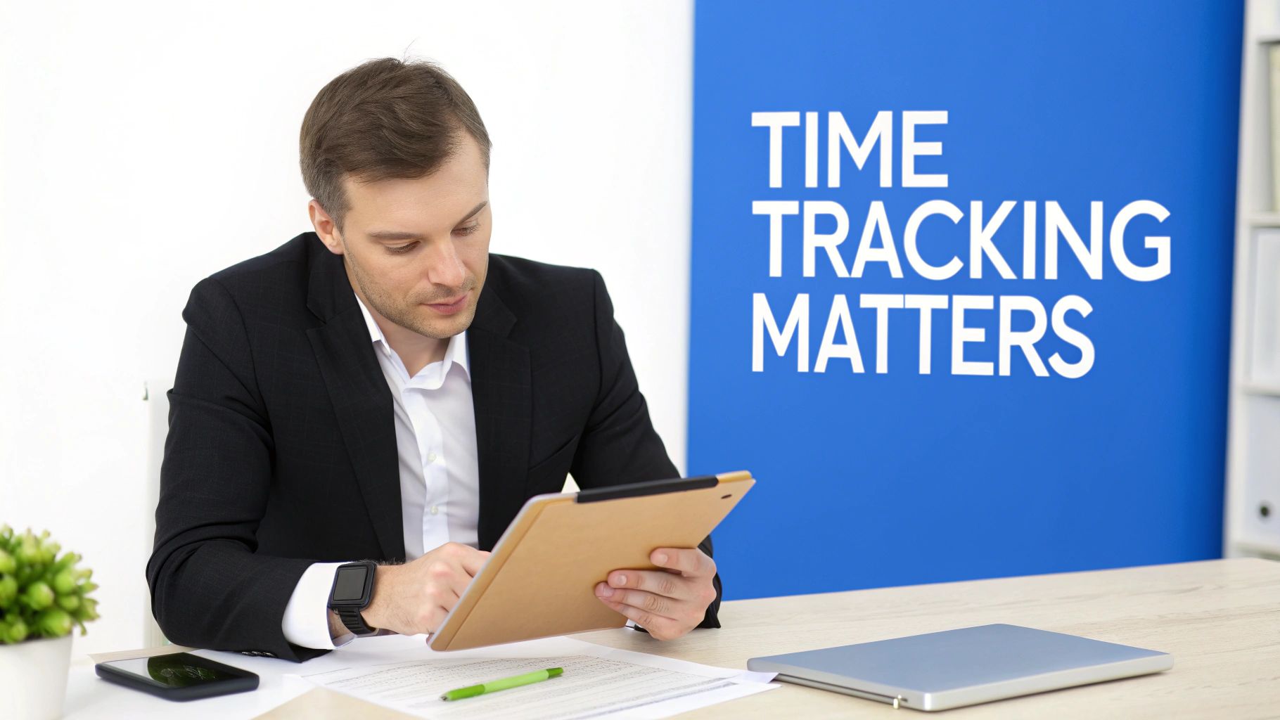 A person using a tablet to manage employee schedules and time tracking data, with graphs and charts visible on the screen.