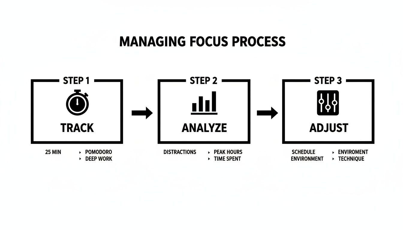 A diagram outlining a 3-step managing focus process: Track, Analyze, and Adjust for productivity.