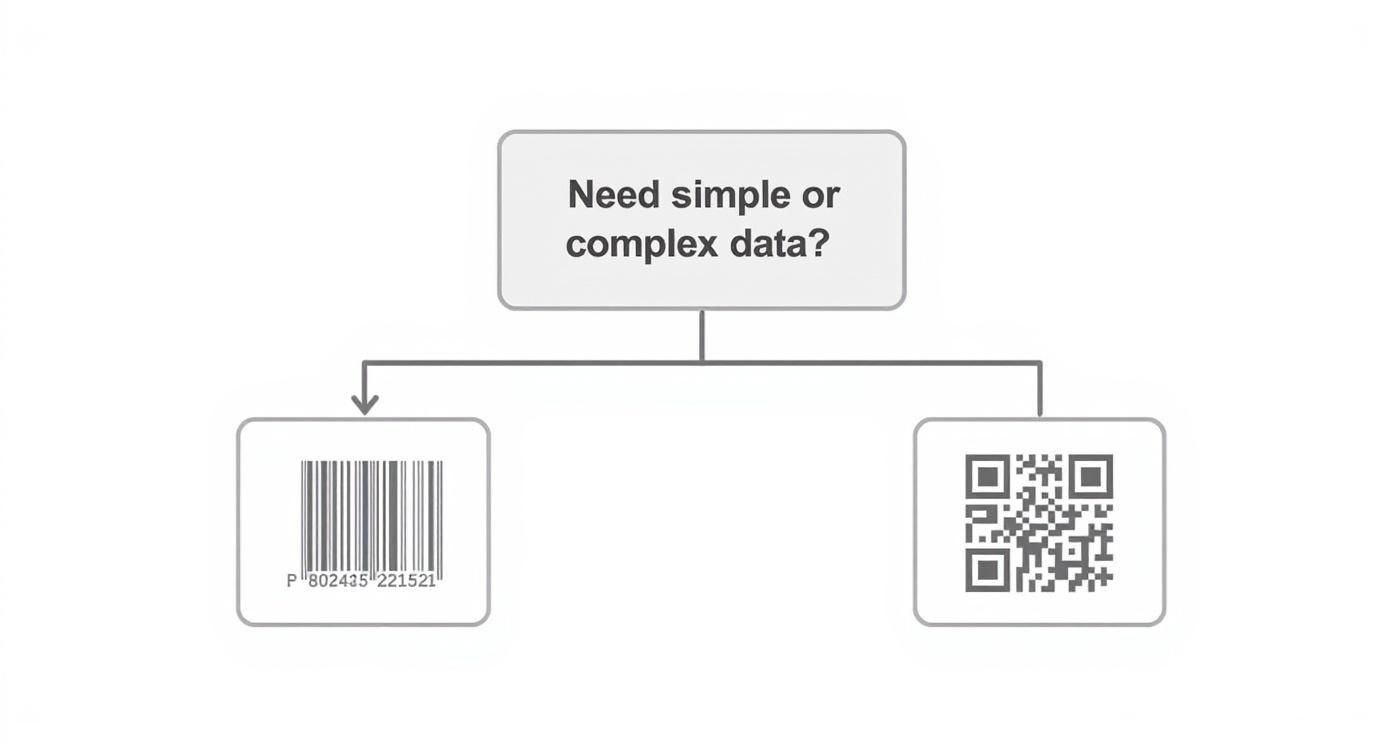 Flowchart comparing barcode and QR code for simple versus complex data encoding needs