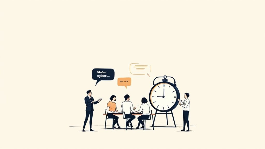 Illustration of a business team conducting a status update meeting with a large clock.